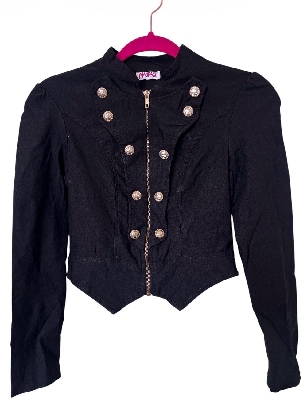 Macro Black Cropped Military-Style Jacket with Gold Buttons